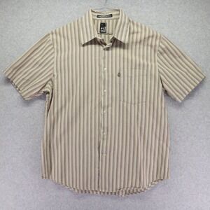 Volcom Shirt Mens Medium Skater Casual Pocket Button Up Tan Striped Short Sleeve